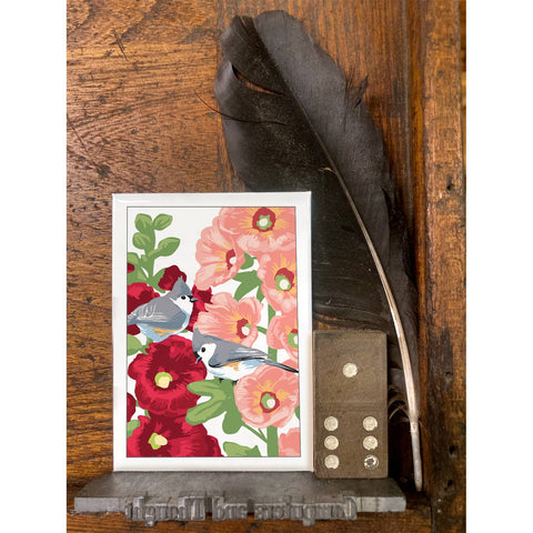 RBI-9147 Titmice and Hollyhocks