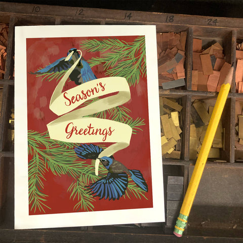 RHO-9109 Blue Jays and Banner - Season's Greetings
