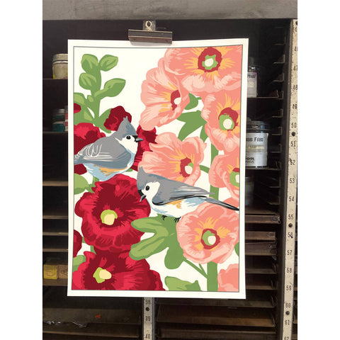 RBI-9147 Titmice and Hollyhocks