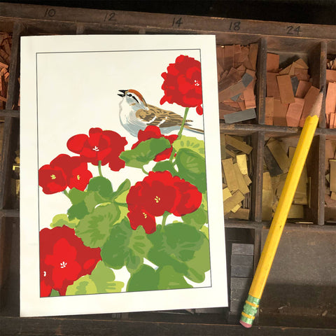 RBI-232 Chipping Sparrow and Geranium