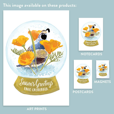 RHO-9119 California Quail and Poppy Snowglobe - Season's Greetings