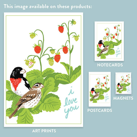 RLO-113 Rose Breasted Grosbeaks & Strawberries - I Love You