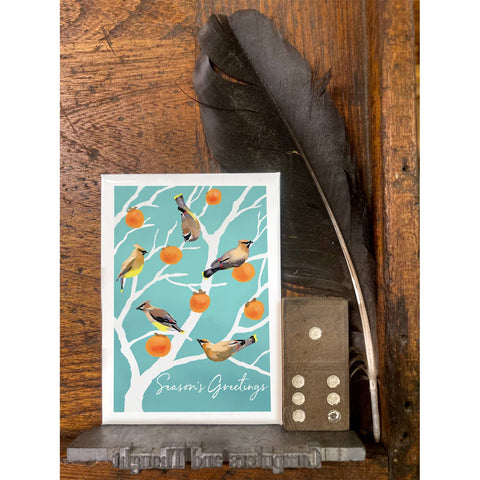 RHO-9150 Cedar Waxwings and Persimmons - Season's Greetings