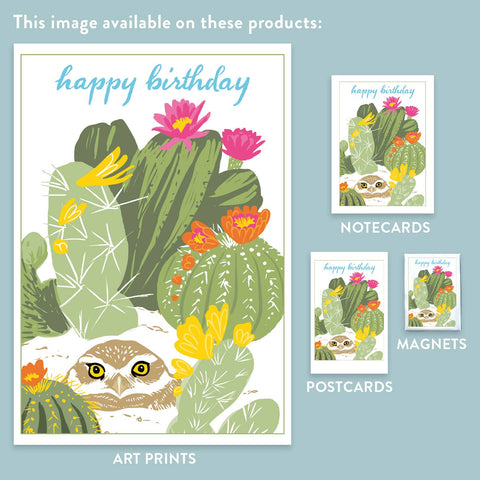 RHB-165 Burrowing Owl & Cactus - Happy Birthday