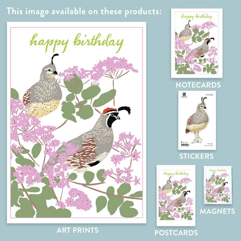RHB-198 Gambel's Quail & Sand Verbena - Happy Birthday