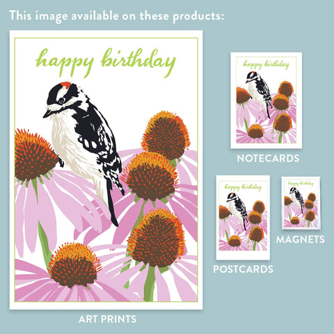 RHB-219 Downy Woodpecker & Coneflower - Happy Birthday