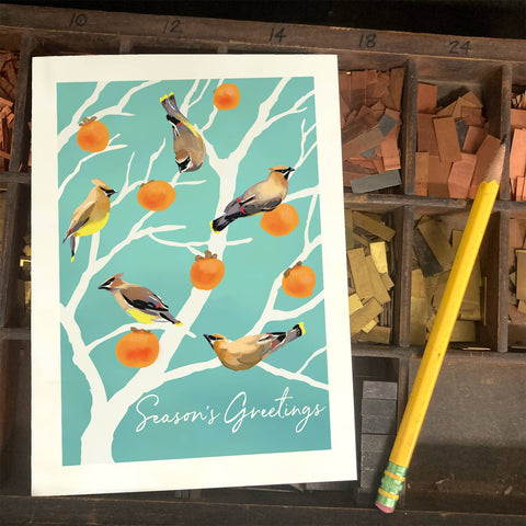 RHO-9150 Cedar Waxwings and Persimmons - Season's Greetings