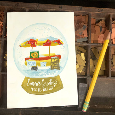 RHO-9137 New York City Hotdog Cart Snowglobe - Season's Greetings