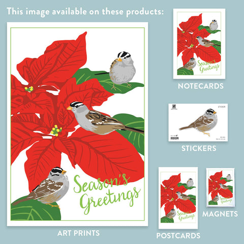 RHO-211 White-Crowned Sparrows and Poinsettia - Season's Greetings