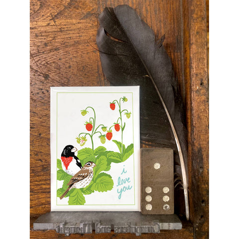 RLO-113 Rose Breasted Grosbeaks & Strawberries - I Love You