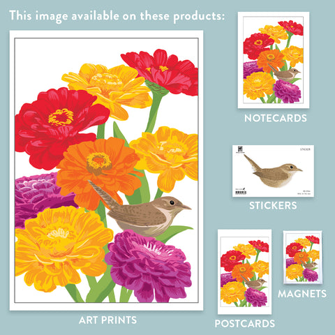 RBI-9166 House Wren and Zinnias