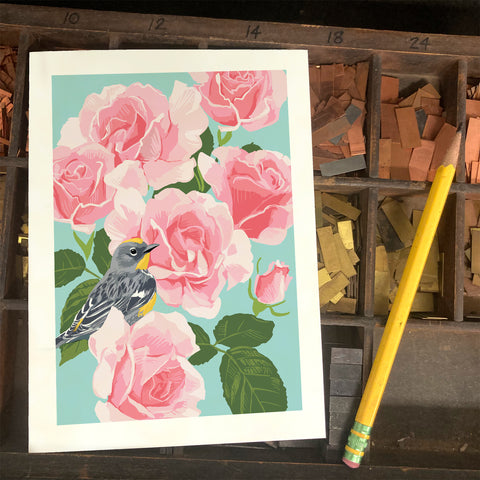 RBI-9168 Yellow-Rumped Warbler and Roses