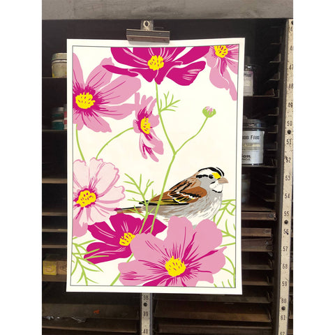 RBI-223 White-Throated Sparrow & Cosmos