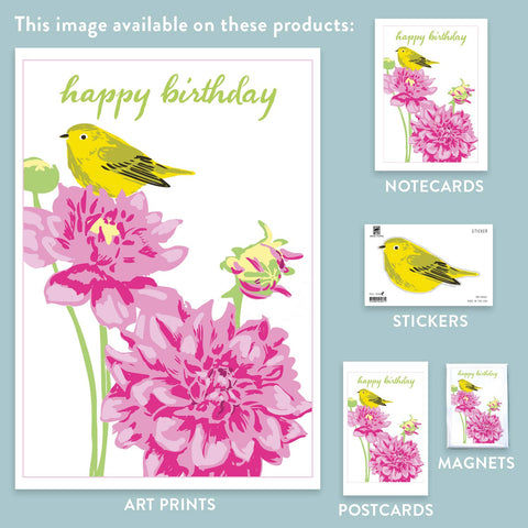 RHB-162 Yellow Warbler & Dahlia - Happy Birthday