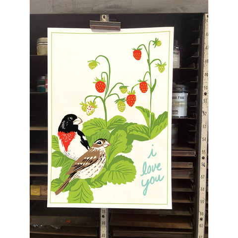 RLO-113 Rose Breasted Grosbeaks & Strawberries - I Love You