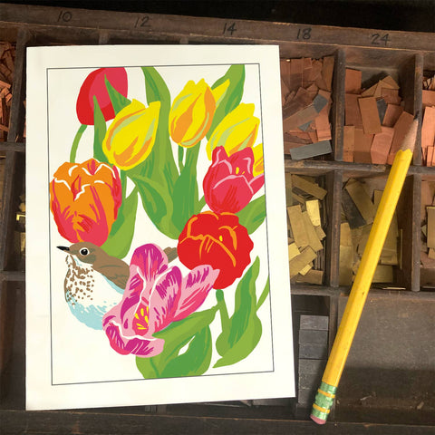 RBI-233 Hermit Thrush and Tulips