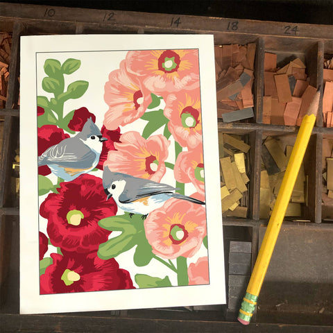 RBI-9147 Titmice and Hollyhocks