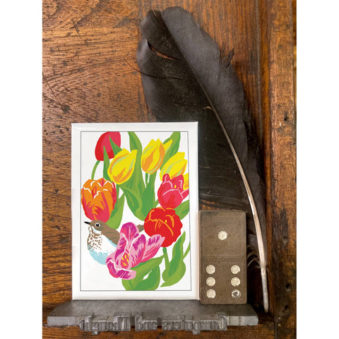 RBI-233 Hermit Thrush and Tulips