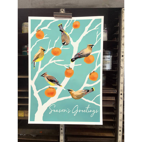 RHO-9150 Cedar Waxwings and Persimmons - Season's Greetings