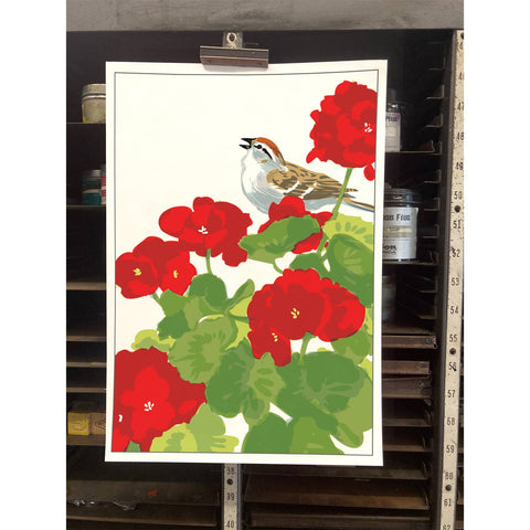 RBI-232 Chipping Sparrow and Geranium
