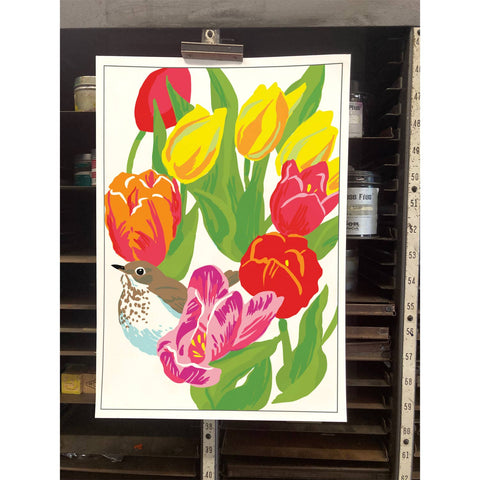 RBI-233 Hermit Thrush and Tulips