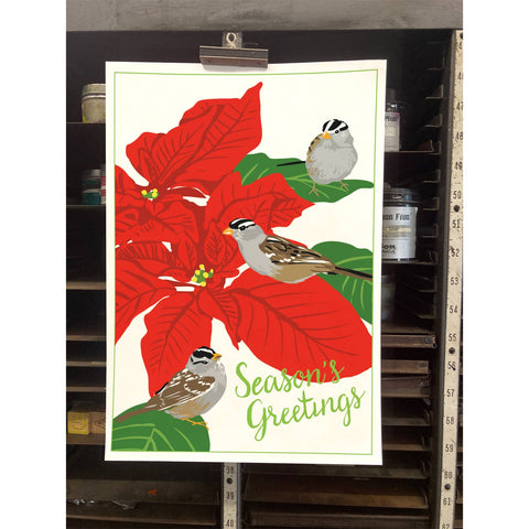 RHO-211 White-Crowned Sparrows and Poinsettia - Season's Greetings