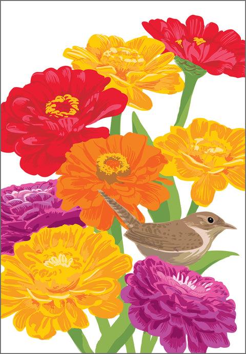 RBI-9166 House Wren and Zinnias