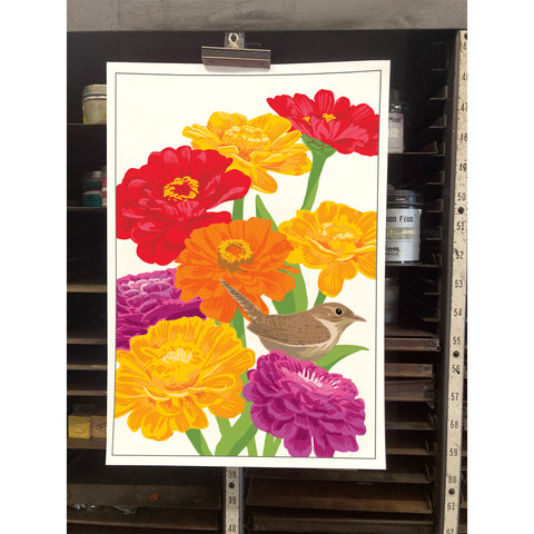 RBI-9166 House Wren and Zinnias