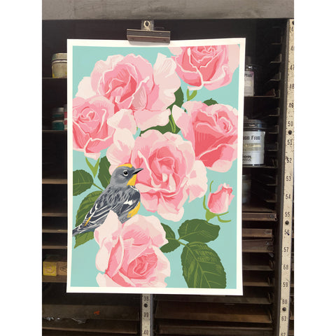 RBI-9168 Yellow-Rumped Warbler and Roses