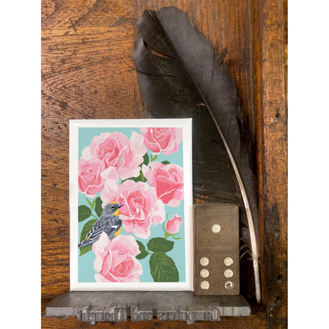 RBI-9168 Yellow-Rumped Warbler and Roses