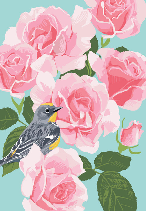 RBI-9168 Yellow-Rumped Warbler and Roses