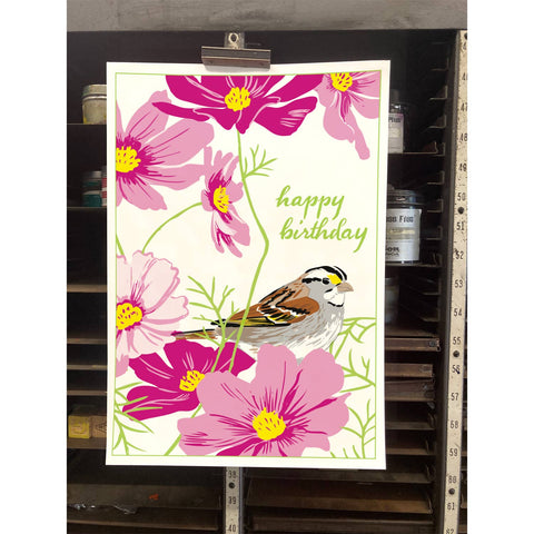 RHB-223 White-Throated Sparrow & Cosmos - Happy Birthday