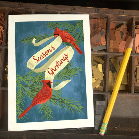 RHO-9106 Cardinals and Banner - Season's Greetings