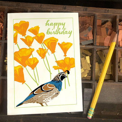 RHB-55 Quail & California Poppies - Happy Birthday