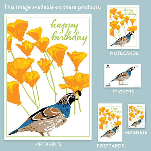 RHB-55 Quail & California Poppies - Happy Birthday