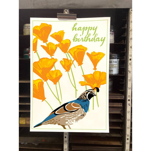 RHB-55 Quail & California Poppies - Happy Birthday