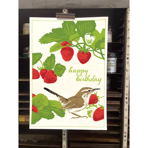 RHB-220 Bewick's Wren & Strawberries - Happy Birthday