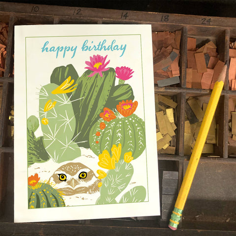 RHB-165 Burrowing Owl & Cactus - Happy Birthday