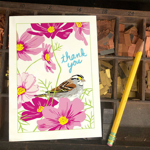 RTY-223 White-Throated Sparrow & Cosmos - Thank You