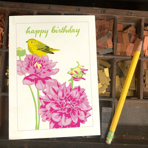 RHB-162 Yellow Warbler & Dahlia - Happy Birthday