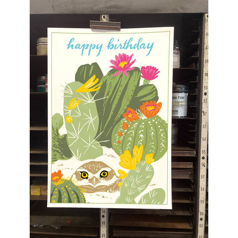 RHB-165 Burrowing Owl & Cactus - Happy Birthday