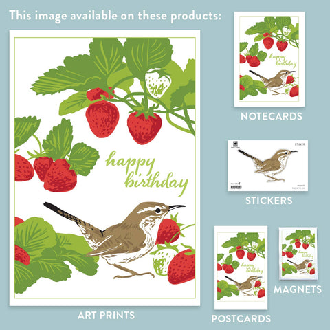 RHB-220 Bewick's Wren & Strawberries - Happy Birthday