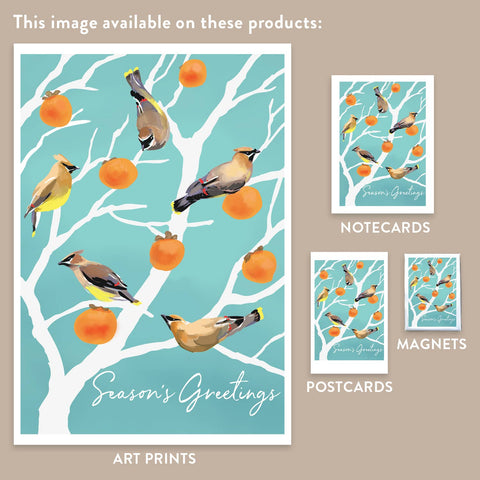 RHO-9150 Cedar Waxwings and Persimmons - Season's Greetings