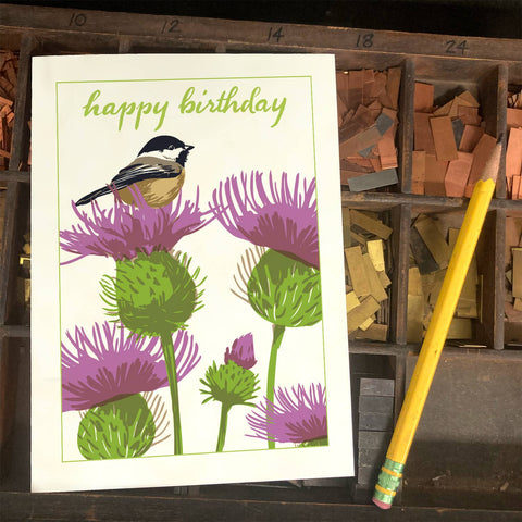 RHB-131 Chickadee & Thistle - Happy Birthday