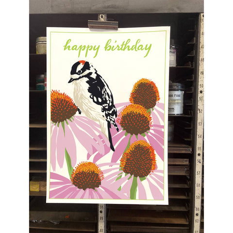 RHB-219 Downy Woodpecker & Coneflower - Happy Birthday