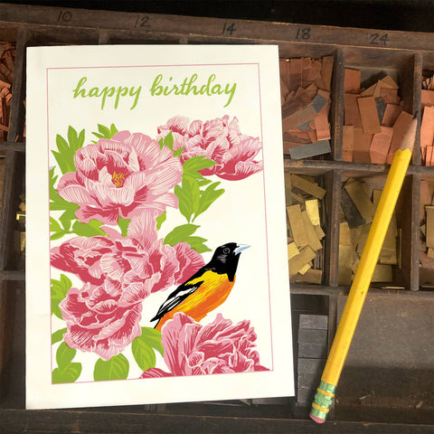 RHB-212 Baltimore Oriole & Peonies - Happy Birthday