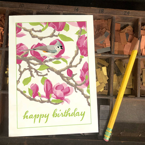 RHB-225 Tufted Titmouse & Magnolia - Happy Birthday