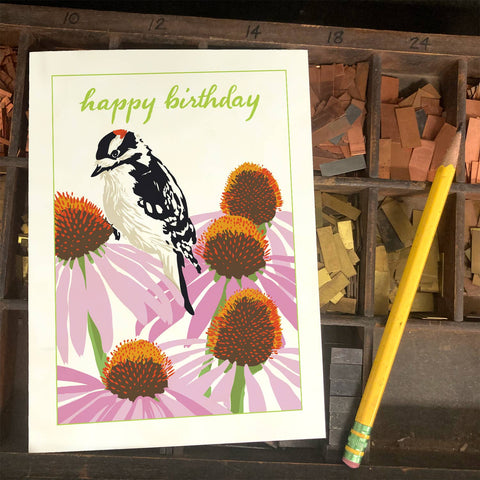 RHB-219 Downy Woodpecker & Coneflower - Happy Birthday