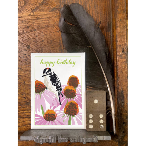 RHB-219 Downy Woodpecker & Coneflower - Happy Birthday