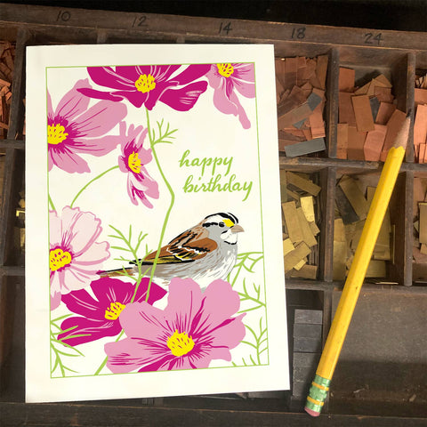 RHB-223 White-Throated Sparrow & Cosmos - Happy Birthday